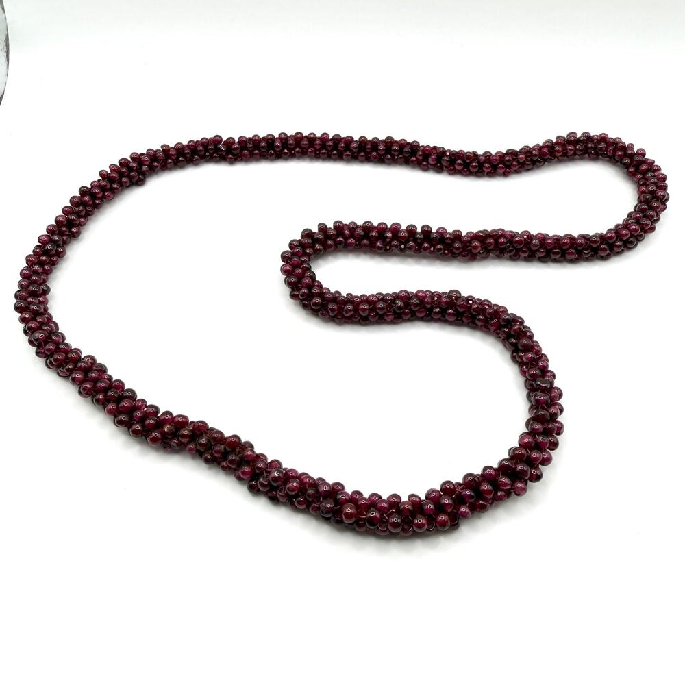 Vintage 90s Deep Red Garnet Woven Seed Bead Continuous Strand Necklace